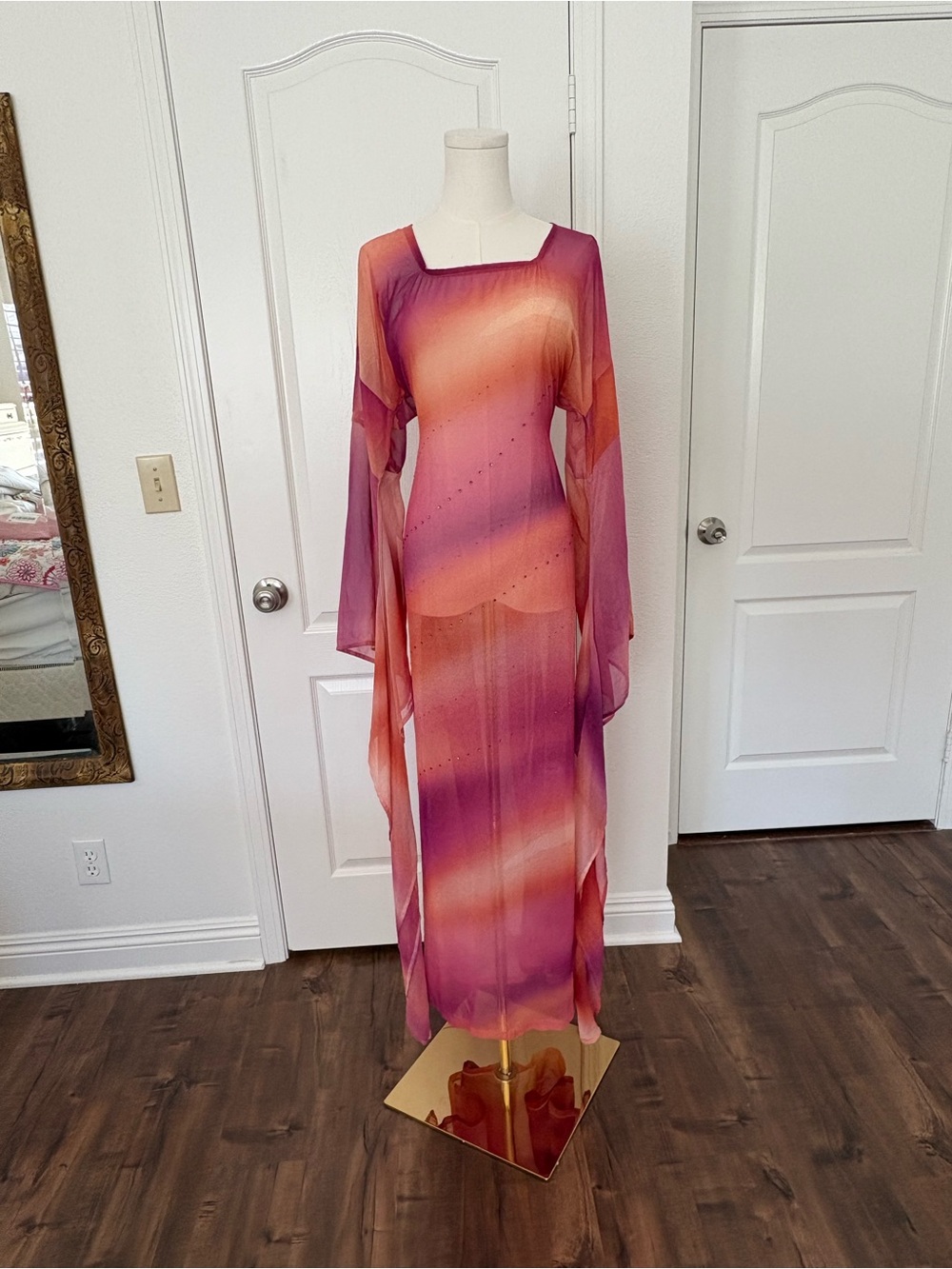 Pink Orange fairy bell sleeve early 2000s Y2K Maxi Dress with Flowing Sleeves